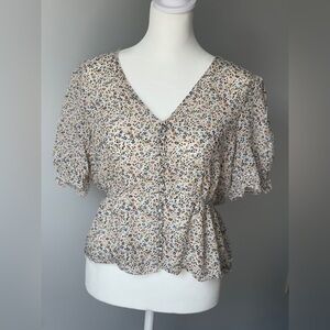 Madewell Short Sleeve Top 100% Silk V-Neck Peplum Popover Fieldwalk Floral Small